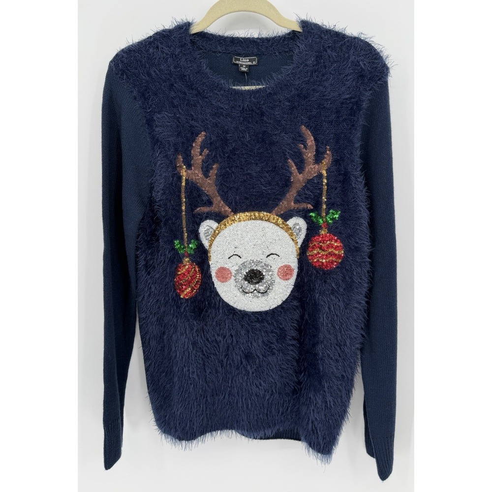 Navy Blue Fuzzy Knit Christmas Novelty Sweater Sequined Reindeer Size M NWT